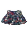 A bright patchwork plaid cotton skirt features tiers of ruffles for a fun and girlie look.