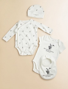 A precious newborn gift set crafted in plush cotton with long and short-sleeved bodysuits, hat and bib with snap closure, adorned with the brave knight logo.CrewneckLong and short sleevesPullover styleBottom snapsCottonMachine washImported Please note: Number of snaps may vary depending on size ordered. 