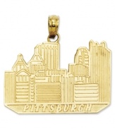 Proclaim your love for the powerful Steel City with this intricately-carved charm of the Pittsburgh skyline. Crafted of 14k gold. Chain not included. Approximate drop length: 1 inch. Approximate drop width: 1 inch.