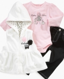 Show off her stylish side with this ultra adorable hooded vest, bodysuit and jeggings set by Calvin Klein.