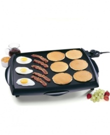 Cook breakfast for any size family on this enormous griddle! Super-sized and sturdy, it cooks up to 50 percent more than other jumbo griddles and can cook as many as 12 slices of French toast at once. Nonstick surface for easy cleaning and cooking. Features Control Master® heat control which maintains proper cooking temperature. Fully immersible when heat control is removed. Model #07046. One year warranty.