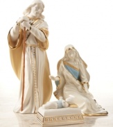 The miracle of the Baby Jesus is gracefully portrayed in this beautiful three piece set. Made of richly glazed porcelain and soft bisque, this set includes Mary and Joseph, whose faces express their awe and love for the newborn king. Each sculpture is exquisitely hand painted and are truly treasures.