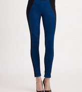 Classically styled leggings fronted by colorblocked, velvety-soft leather paneling. Elastic waistbandMedium rise, about 8Inseam, about 29Body: 86% nylon/14% spandexTrim: LeatherDry clean with leather specialistMade in USA of imported fabricModel shown is 5'10 (177cm) wearing US size Small.