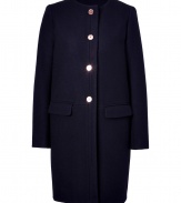 Immaculately tailored with a distinctly Parisian feel, C?dric Charliers sleek navy coat is an elegant choice for sophisticated ladylike looks - Collarless, long sleeves, button-down front, flap pockets - Tailored fit, slightly tapered hemline - Team with printed silk scarves and flawless leather accessories