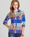 A huge fall fashion trend, color blocking details energize this vibrant C&C California shirt--just add denim and go.