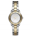 From corporate to casual, this watch by DKNY is always classic. Two-tone stainless steel bracelet and round case with gold tone bezel embellished by crystal accents. Sleek mother-of-pearl dial features gold tone stick indices, three hands and logo. Quartz movement. Water resistant to 30 meters. Two-year limited warranty.