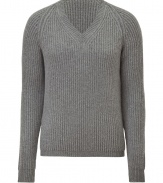 Inject urbane-cool style into your casual look with this wool-and-cashmere-blend sweater from Jil Sander - V-neck, long sleeves, all-over rib knit - Style with slim trousers or jeans and suede ankle boots