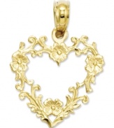 Sweet flowers form a romantic pattern on this pretty heart-shaped charm. Crafted in 14k gold. Chain not included. Approximate length: 7/10 inch. Approximate width: 3/5 inch.