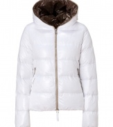 Stay warm while maintaining your impeccable style in this sporty, lightweight down jacket from Duvetica - Hooded, front zip closure that extends to the hood for decorative effect, long sleeves, zip pockets, quilted - Wear with an elevated jeans-and-tee ensemble and shearling lined boots