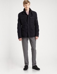 Military-inspired style in a refreshingly modern silhouette, this quilted, down-filled tweed jacket features large front cargo pockets, providing ample space for your keys, mobile devices or any other essentials.Zip frontStand collarChest, waist flap pocketsZippered pocket at sleeveAbout 29 from shoulder to hem60% wool/40% cottonDry cleanMade in Italy