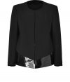 Sleek and sophisticated with an exquisitely edgy twist, Helmut Langs patent trimmed jacket is a cool modern take on this must-have style - Collarless, bracelet-length sleeves, buttoned cuffs, structured shoulders, single hidden front hook closure, patent trim around the hemline - Loosely tailored fit - Wear over everything from tees and jeans to cocktail dresses and heels