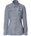 Super stylish silver grey western shirt - Make a chic statement in this adorable western-inspired long sleeve shirt - Flattering feminine cut with a traditional western yolk and front pockets - Style with flared jeans, a fringe scarf, and a poncho for boho cool - Try with a maxi-shirt, boots, and a felt hat