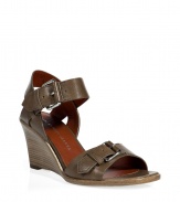 Wooden wedge heeled sandals of fine, brown leather - Wide straps create style and comfort - Features two silver buckles - Pair with a flared skirt, sundress or cropped pants, and a favorite tee, tunic or over-sized sweater