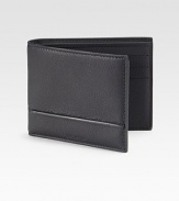 An elegant accompaniment in pebbled leather with a debossed logo and thin narrow detail. One bill compartmentSix card slots4¼W X 3½HMade in Italy