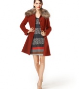 With a luxe faux-fur collar, this Bar III fit & flare coat features '70s styling for a super chic cold-weather look!