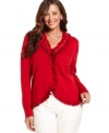 Celebrate the holidays in style with Charter Club's ruffled plus size cardigan, featuring metallic and velvet accents.