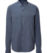 Stylish shirt made of fine, blue, washed cotton - Slim silhouette with small collar, placket and long sleeves - Rounded seam edges are casual yet chic - Wear with chinos, v-neck cardigan and slippers