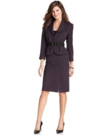 Tahari by ASL's birdseye tweed skirt suit means business. The subtle slit in front and belted waist give it a feminine twist.