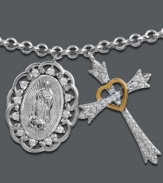 Sentimental and symbolic. Mi Joya Divina's stunning pendant necklace combines pendants featuring Our Lady of Guadalupe and a heart-accented cross. Crafted in 14k gold and sterling silver with sparkling diamonds (3/8 ct. t.w.). Approximate length 18 inches. Approximate drop length: 8/10 (oval). Approximate drop width: 6/10 inch (oval). Approximate drop length: 1 inch (cross). Approximate drop width: 7/10 inch (cross).