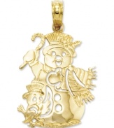 Fashionable and frosty, this intricate cut-out charm features a snowman and a bird wearing a top hat. Crafted in 14k gold. Chain not included. Approximate length: 1 inch. Approximate width: 3/5 inch.