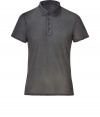 Stylish polo shirt in fine, pure grey silk - Supremely soft, summer weight material has a well-worn, vintage look - Small collar, short sleeves and four-button placket - Leaner cut tapers gently through waist - Casually elegant, easily dressed up or down - Wear solo or layer beneath a blazer and pair with jeans, chinos, shorts or linen trousers