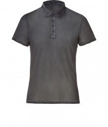 Stylish polo shirt in fine, pure grey silk - Supremely soft, summer weight material has a well-worn, vintage look - Small collar, short sleeves and four-button placket - Leaner cut tapers gently through waist - Casually elegant, easily dressed up or down - Wear solo or layer beneath a blazer and pair with jeans, chinos, shorts or linen trousers