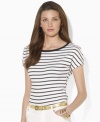 Maritime stripes are all aboard this soft slub jersey tee, rendered with breezy dolman sleeves and metal crest-embossed buttons for a decidedly nautical feel, from Lauren by Ralph Lauren.