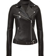 Rugged-gone-luxe, this fitted biker jacket from Jitrois brings edgy-cool flair to any look - Classic bike styling, spread collar with snap details, epaulets, asymmetrical zip closure, multiple zip pockets, zip-detailed cuffs and back details, belted waist - Pair with skinny jeans, a printed tee, and platform booties