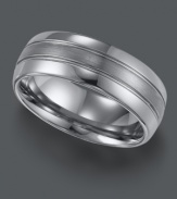 Simple design with a subtle hint of style. Triton men's ring features a sophisticated lined pattern set in tungsten carbide. Approximate band width: 8 mm. Sizes 8-15.