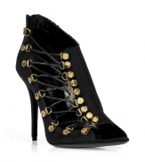 Edgy-meets-luxe with these downtown-ready canvas booties from celeb-favorite Parisian label Balmain - Asymmetrical tie-up side detail with gold-tone hardware and leather laces, open toe, stiletto heel, back zip closure - Pair with leather paneled leggings, an oversized blouse, and a draped front jacket