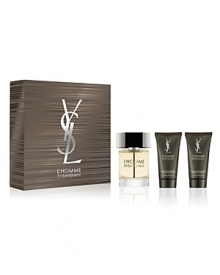 The force of attraction of a man with style and sensuality. A magnetic, sensual fragrance, both elegant and intensely fresh. A woody, fruity scent with notes of Bergamot, Ginger, Violet Leaf, and Vetiver. The L'HOMME Yves Saint Laurent Fall Gift Set contains a 3.3 oz. Eau de Toilette Spray, a 1.7 oz. Shower Gel and 1.7 oz. After Shave Balm.