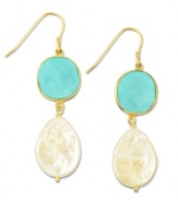 A taste of the tropics. Shimmering cultured freshwater pearls (13 mm x 17 mm) and round turquoise stones (7-5/8 ct. t.w.) create an exotic look on these 18k gold over sterling silver earrings. Approximate drop: 1-1/2 inches.