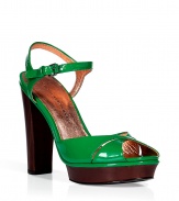 Vibrant grass green patent leather platform sandals from Marc by Marc Jacobs - Retro-cool with a modern twist, these chic shoes add a stylish accent to any outfit - Peep-toe with a front platform and stacked wood heel - Patent leather cut out front - Pair with high-waisted flared jeans, a boho blouse, and a floppy felt hat