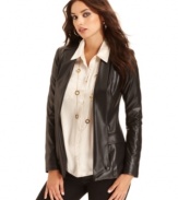 A high-shine coating makes this GUESS blazer a standout for a hot fall coverup -- perfect for chic style!