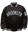 You'll be the best looking fan on the block and in the arena in this jacket featuring the Brooklyn Nets by Majestic.