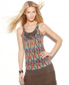 A built-in necklace updates INC's classic tank. The exotic print give this top a touch of tribal chic!