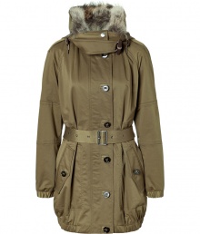 The parka goes luxe with this style-centric iteration from Burberry Brit - Stand collar with snap and toggle closure, hood with fur trim, front button placket, elasticized cuffs and hem, belted waist, flap pockets - Pair with skinny jeans, an oversized cashmere pullover, and over-the-knee boots