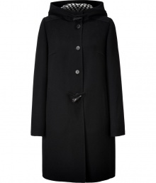 Timeless classic styling gets a sleek luxe finish in Jil Sanders virgin wool hooded coat, finished with toggle closures for streamlined modernity - Hooded, button and toggle closures, side slit pockets, houndstooth lining, relaxed slim fit - Pair with jeans, tailored trousers, and fitted knit dresses