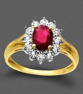 Classic and elegant with bold, beautiful color. This royalty-inspired ring features oval-cut ruby (3/4 ct. t.w.) and round-cut diamond accents set in 10k gold.