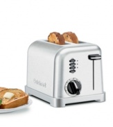 High-tech toasting technology gets a high-style look with this sleek stainless steel two-slice toaster featuring beautiful brushed chrome accents. A six-setting browning dial and reheat, defrost and bagel buttons give you custom control, while wide slots fit a variety of bread and toaster pastries. Limited warranty. Model CPT-160.