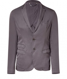 Luxe blazer in fine, grey cotton stretch blend - A softer, lighter weight take on the classic suit jacket - Single-breasted style with two button closure - Narrow lapels and small collar - Chest pocket and flap pockets at sides, rear vent - Modern silhouette is slim and slightly fitted - Pair with jeans, chinos, or casual trousers