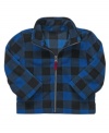 Bold stripes and soft colors makes this comfortable fleece the perfect fall outerwear item for your baby boy.