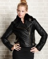 Make a statement in this edgy faux-leather cropped moto jacket from Baby Phat! A chic removable faux-fur collar, on-trend quilting, and sleek buckle and zipper accents create a spellbinding look fit for the fiercest of chicks!