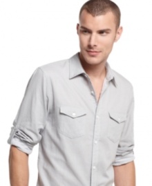 Roll up to your next casual event with this gingham patterned woven shirt from Calvin Klein.