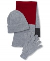 Add a pop of color to your winter wardrobe with this hat, glove and color block scarf set by American Rag.