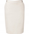 Elegant skirt in fine, ivory linen and cotton blend - Classic, curve-hugging pencil cut hits just above the knee - Belt loops and decorative button embellishment at waist - Side pockets and zip closure - Kick pleat and welt pocket at rear - Pair with a button down, dressy tank or short sleeve sweater and flat sandals, wedges or peep toe pumps