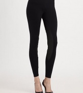 Faux leather patches give these ultra-comfy leggings a dose of equestrian-chic style. Elastic waistbandMedium rise, about 8Inseam, about 26Body: 86% nylon/14% spandexTrim: 65% cotton/31% polyester/4% elastaneDry cleanMade in USA of imported fabricModel shown is 5'10 (177cm) wearing US size Small.