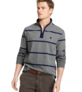 Warm up the fall with this striped and sueded quarter-zip shirt from Izod, an excellent choice for fall barbecues and trips to the shore.