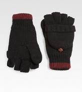 Knit flip-top mitten with leather button fastener.About 9 long70% wool/30% acrylicDry cleanImported