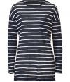 A super chic version of the classic Breton, this striped top from Vince is a must-have for every style-centric girl - Crew neck, long sleeves, asymmetrical hem, long body, single chest pocket - Wear with skinny jeans, embellished ballet flats, and a leather tote